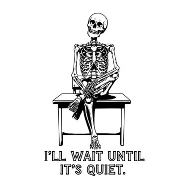 Masada oturan komik iskelet öğretmeni Sessizlik Çizimini Bekliyor