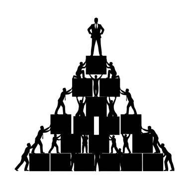 Takım çalışması illüstrasyonuyla inşa edilen piramidin tepesinde duran iş liderinin silueti
