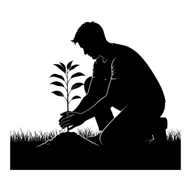 Çevresel Sürdürülebilirlik Çizimi İçin Genç Ağaç Ağacını Toprağa Diken Siluet