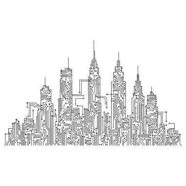 Şehir silueti elektronik devre panosundan yapılmış Akıllı Şehir Teknolojisi kavramını çiziyor