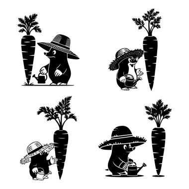 Şirin Köstebek Bahçıvanı Siluetleri Sulama Kutusu Çizimi ile Dev Havucu Sulama