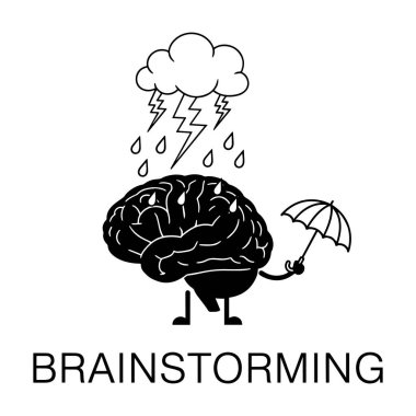 Komik Beyin Karakteri Şemsiye Tutuyor Fırtına Altında Bulut Beyin Fırtınası Çizimi