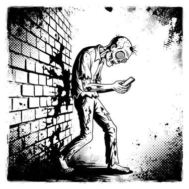 Smartphone Illustration 'a bakarken Tuğla Duvara Yürüyen Komik Zombi Karakteri