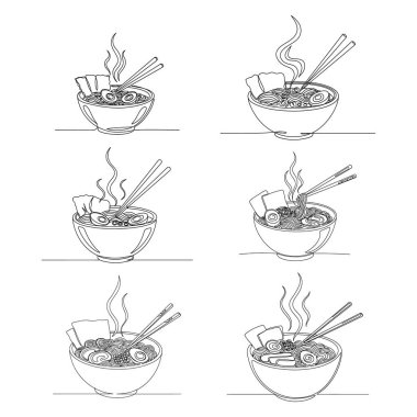 Farklı tipte erişteli Asya erişteleri, el çizimi eskiz, vektör. Çin yemeği, erişte, çubuk, erişte..