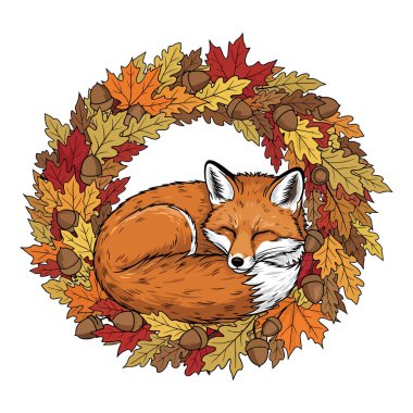 Çelenk giymiş tilki. Vektör çizimi. izole.