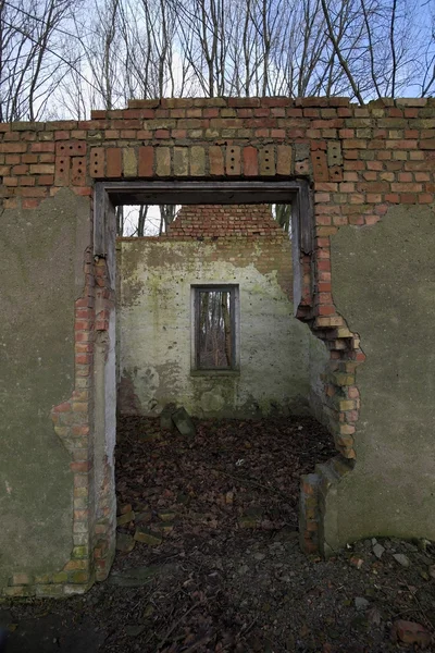 Blick durch die Überreste eines zerstörten Hauses im Wald — Stockfoto