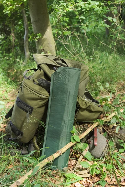 Backpack, camping mat and canteen in a forest