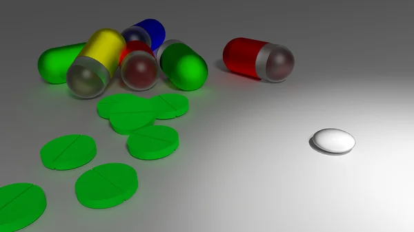Una piccola pillola bianca in sostituzione di molti farmaci grandi e colorati — Foto Stock