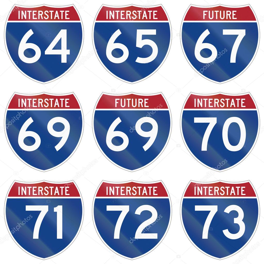 Collection of Interstate highway shields used in the US