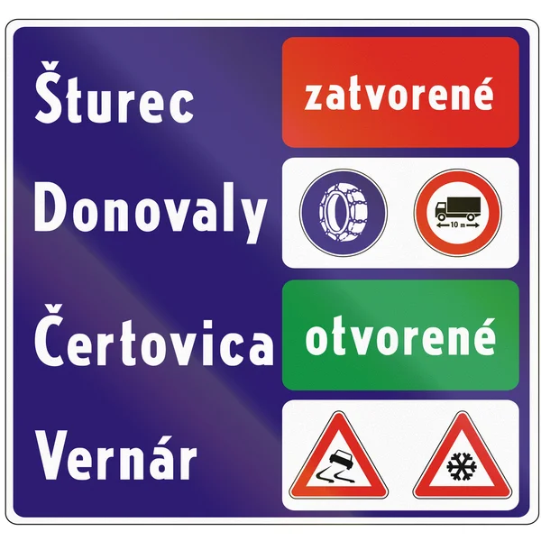 Señal de tráfico utilizada en Eslovaquia - Aviso sobre el estado de las carreteras. Zatvorene significa cerrado, otvorene significa abierto — Foto de Stock