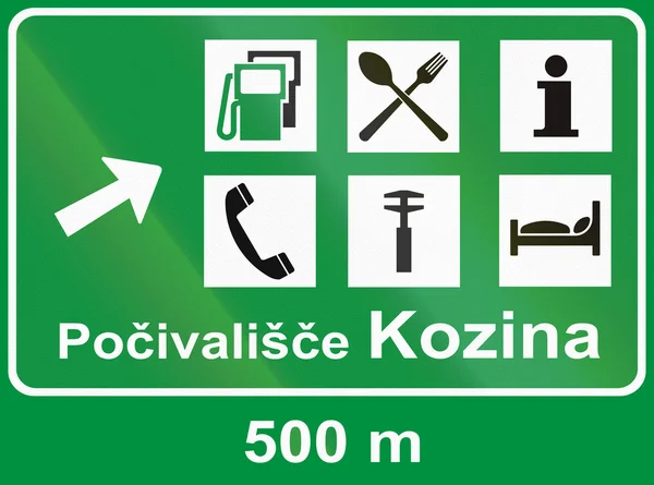 Slovenian road sign - Motorway services signboard, Pocivalisce means motorway station — Stock Photo, Image