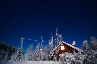 Ormandaki İsveç evinin gece çekimi..