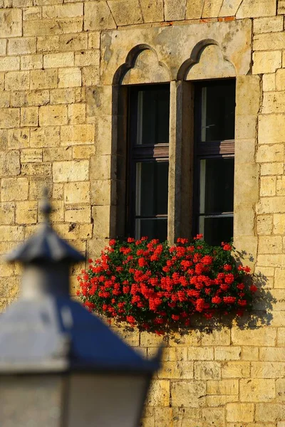 Medieval Window Flowers Box Defocused Lantern — Stock Photo, Image