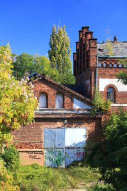 Terk edilmiş kırmızı tuğlalı sanayi binası bacaları ve çevresindeki bitki örtüsüyle..