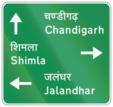 Hindistan 'da yol işareti - Hintçe ve İngilizce Chandigarh, Shimla ve Jalandhar yönleri.