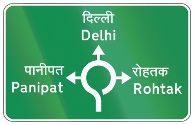 Hindistan 'da yol işareti - Panipat, Delhi ve Rohtak' a dönüş yolu Hintçe ve İngilizce.