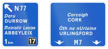 İrlanda 'da yol işareti - Durrow, Abbeyleix, Cork, Urlingford' a İngilizce ve Galce yol işareti.