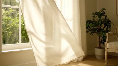 Hafif Esinti Beyaz Perdelerden geçip Güneş Işığı Odasında