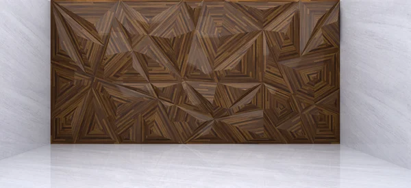 Renderização 3D da parede de polígono de madeira na sala de mármore — Fotografia de Stock