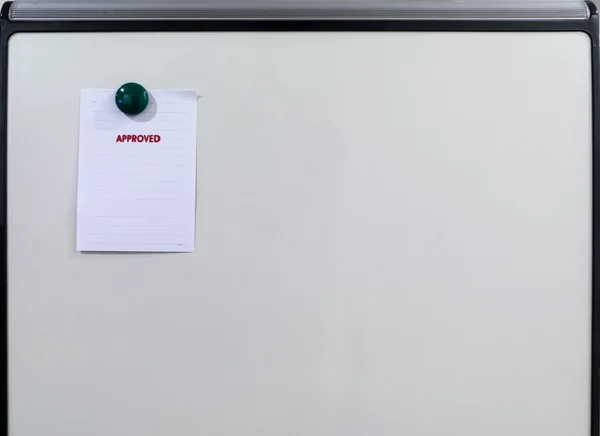 Paper sheet write approved on refrigerator door — Stock Photo, Image