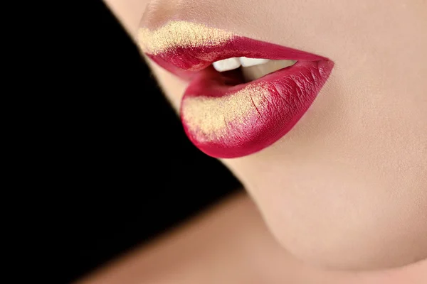 Painted golden female lips — Stock Fotó