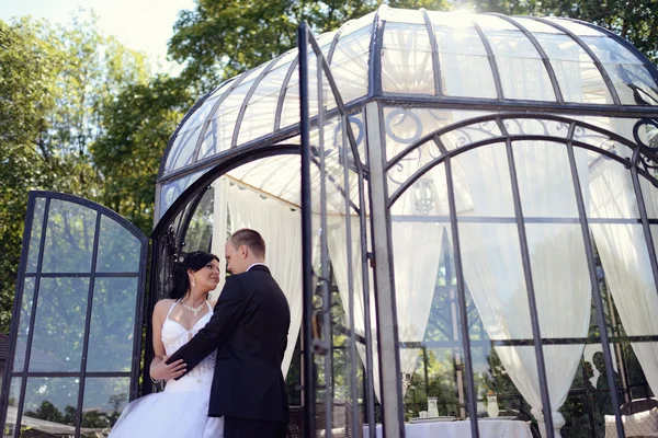 Hochzeitspaar umarmt sich im Park — Stockfoto