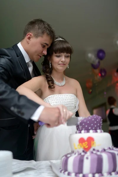 Mariée et marié coupe gâteau de mariage — Photo