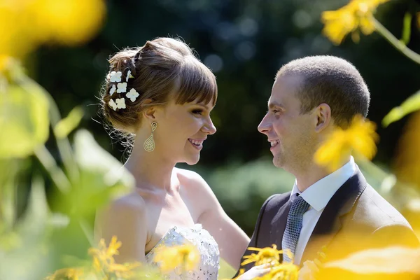 Hochzeitspaar umarmt sich im Park — Stockfoto