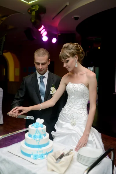 Noiva e noivo corte bolo de casamento — Fotografia de Stock