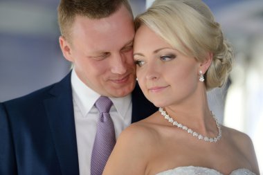 Güzel düğün çifti sarılma