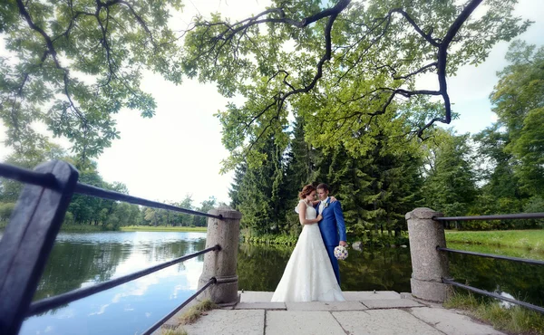 Esküvői pár átölelve, tó közelében — Stock Fotó