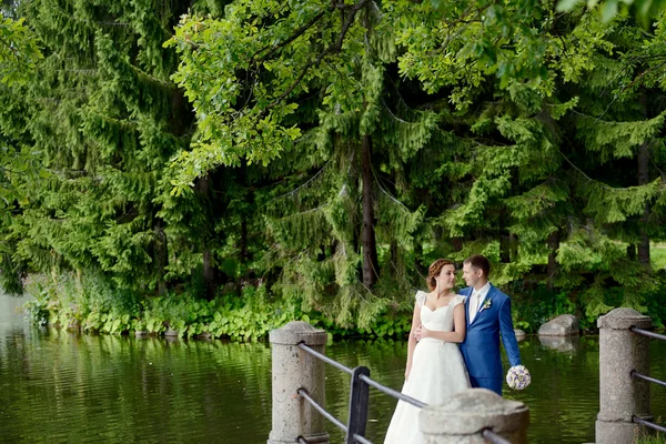 Bruidspaar knuffelen in de buurt van lake — Stockfoto