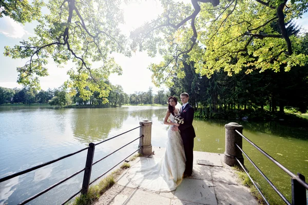 Bella sposa e sposo vicino al lago — Foto Stock