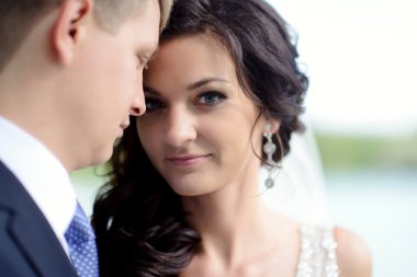 Güzel düğün çifti sarılma