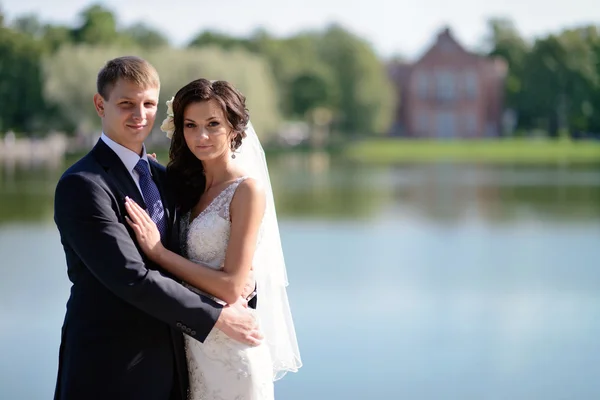 Красива весільна пара біля озера — стокове фото