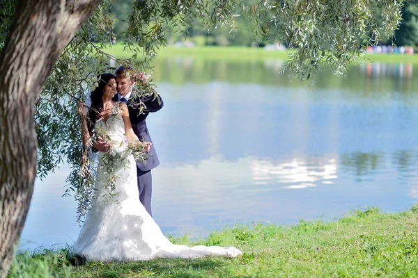 Bella coppia di nozze vicino al lago — Foto Stock