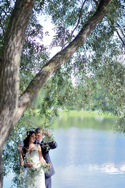 Bella coppia di nozze vicino al lago — Foto Stock
