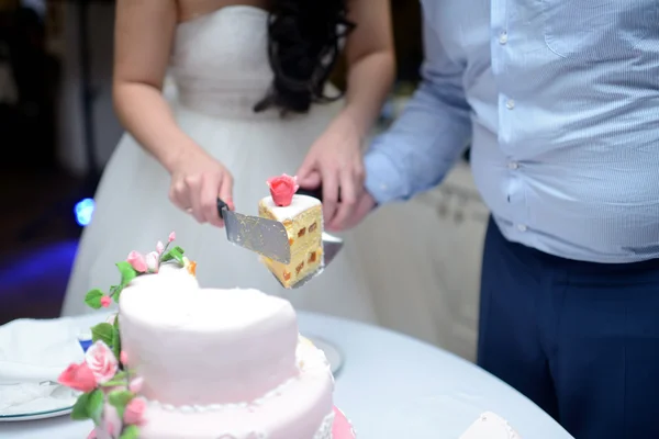 Noiva e noivo corte bolo de casamento — Fotografia de Stock