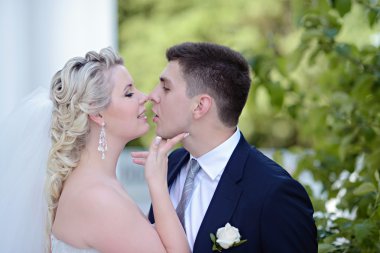 Güzel gelin ve damat parkta sarılma