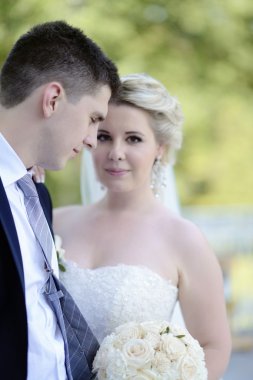 Güzel gelin ve damat parkta sarılma