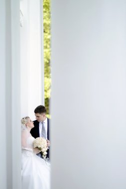 Güzel düğün çifti sarılma