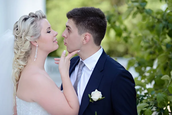 Schöne Braut und Bräutigam umarmen sich im Park — Stockfoto