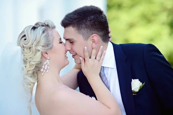 Vackra bruden och brudgummen kramas i park — Stockfoto