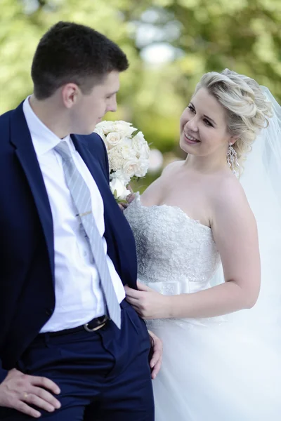 Hermosa novia y novio abrazándose en el parque — Foto de Stock