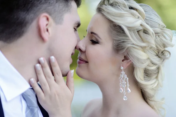 Beautiful bride and groom hugging in park — Stock Photo, Image