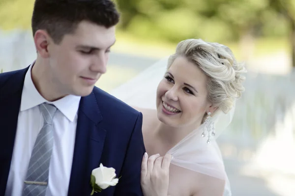 Beautiful bride and groom hugging in park — Stock Photo, Image