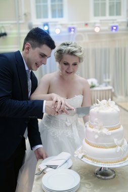 Gelin ve damat düğün pastasını kesiyor