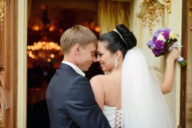 Güzel düğün çifti sarılma