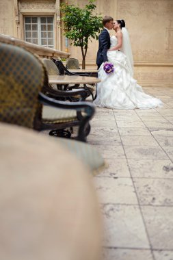 Güzel düğün çifti sarılma