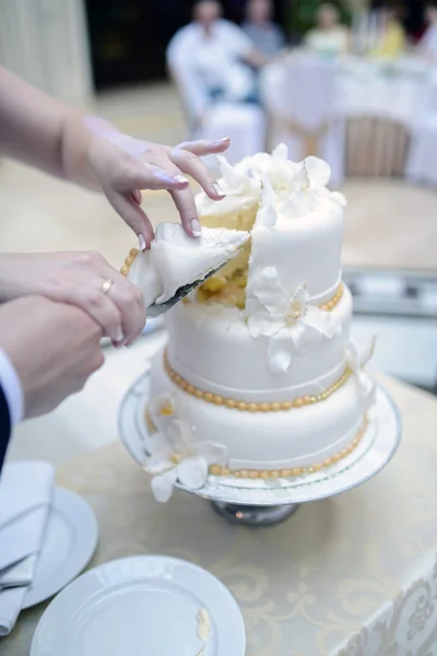 花嫁と新郎のカッティングウェディングケーキ — ストック写真